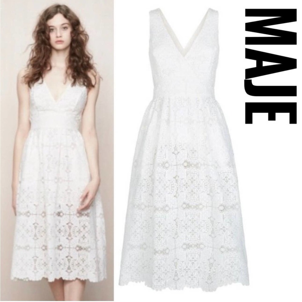 MAJE EUC Floral Embroidered Lace Midi Dress Open Back White Size M